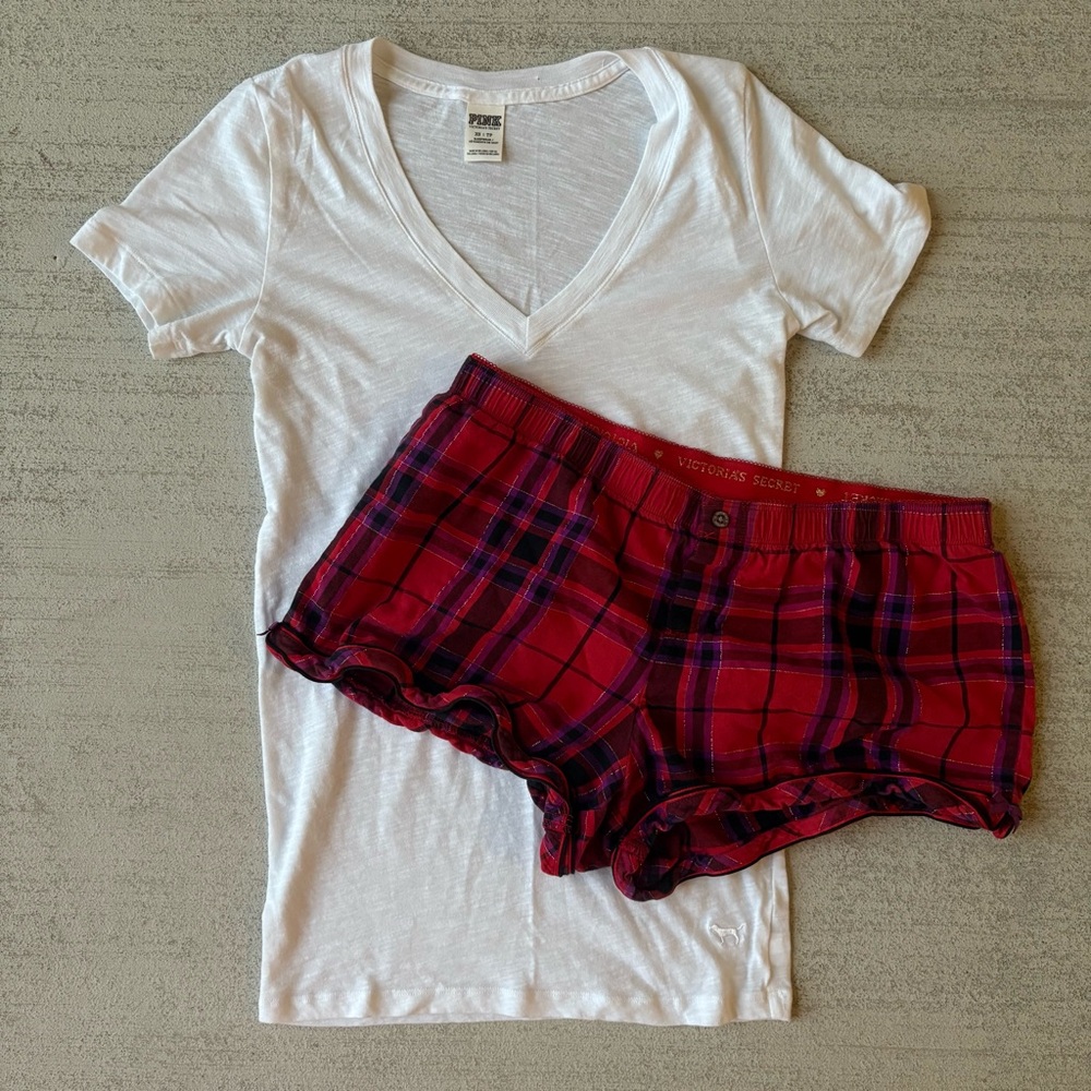 Victoria's Secret White V-Neck XS Tee and M Red Plaid Shorts